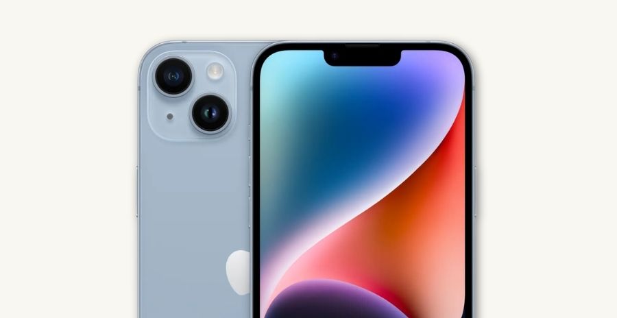 Apple iPhone 14 reconditionné, coloris bleu, vu de dos et de face