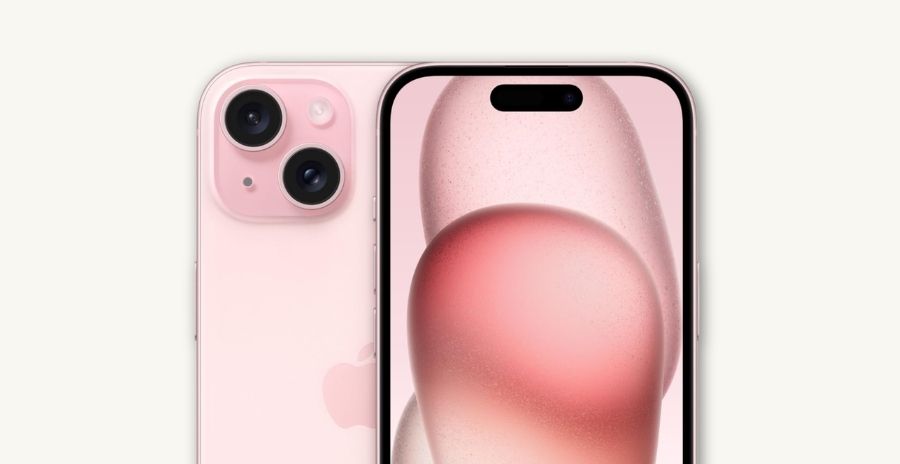 Apple iPhone 15 reconditionné, coloris rose, vu de dos et de face
