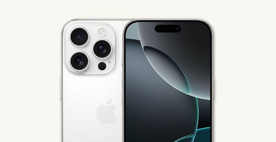 Apple iPhone 16 Pro reconditionné, coloris blanc titane, vu de dos et de face