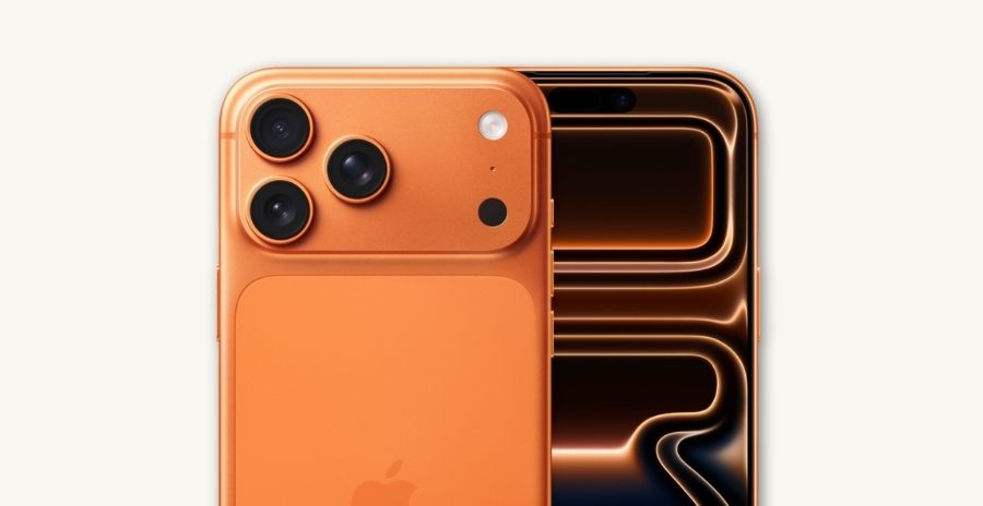 Apple iPhone 17 Pro reconditionné, coloris orange, vu de dos et de face